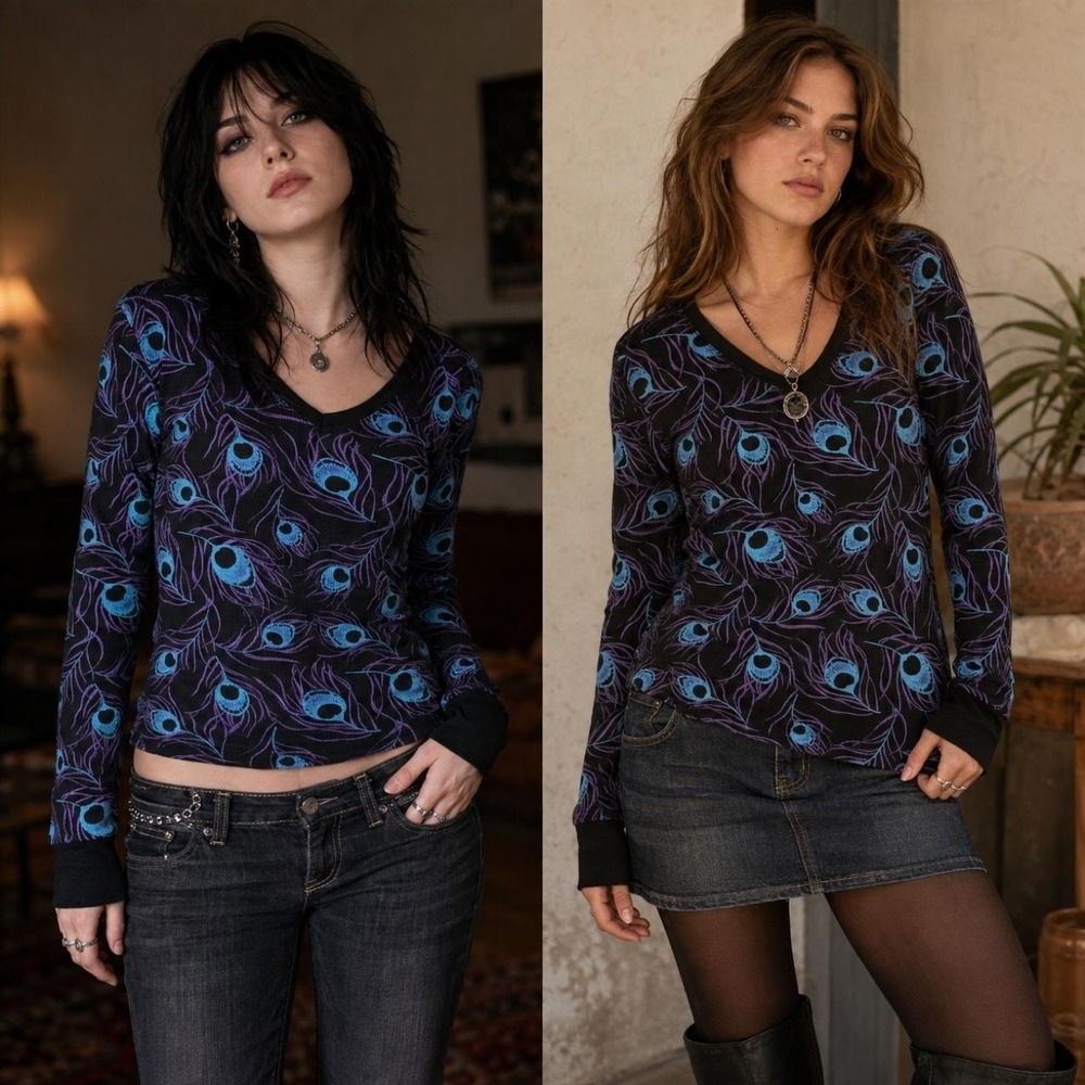 OP OceanPacific Y2K Peacock Thermal Top M Waffle Long Sleeve Indie Sleaze Grunge